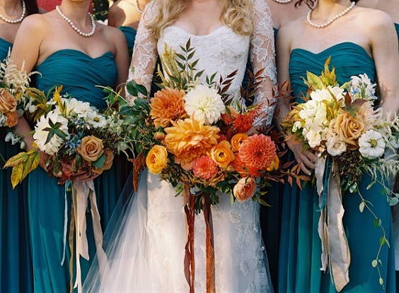 teal bridesmaid dresses orange bouquets for teal orange rustic country wedding